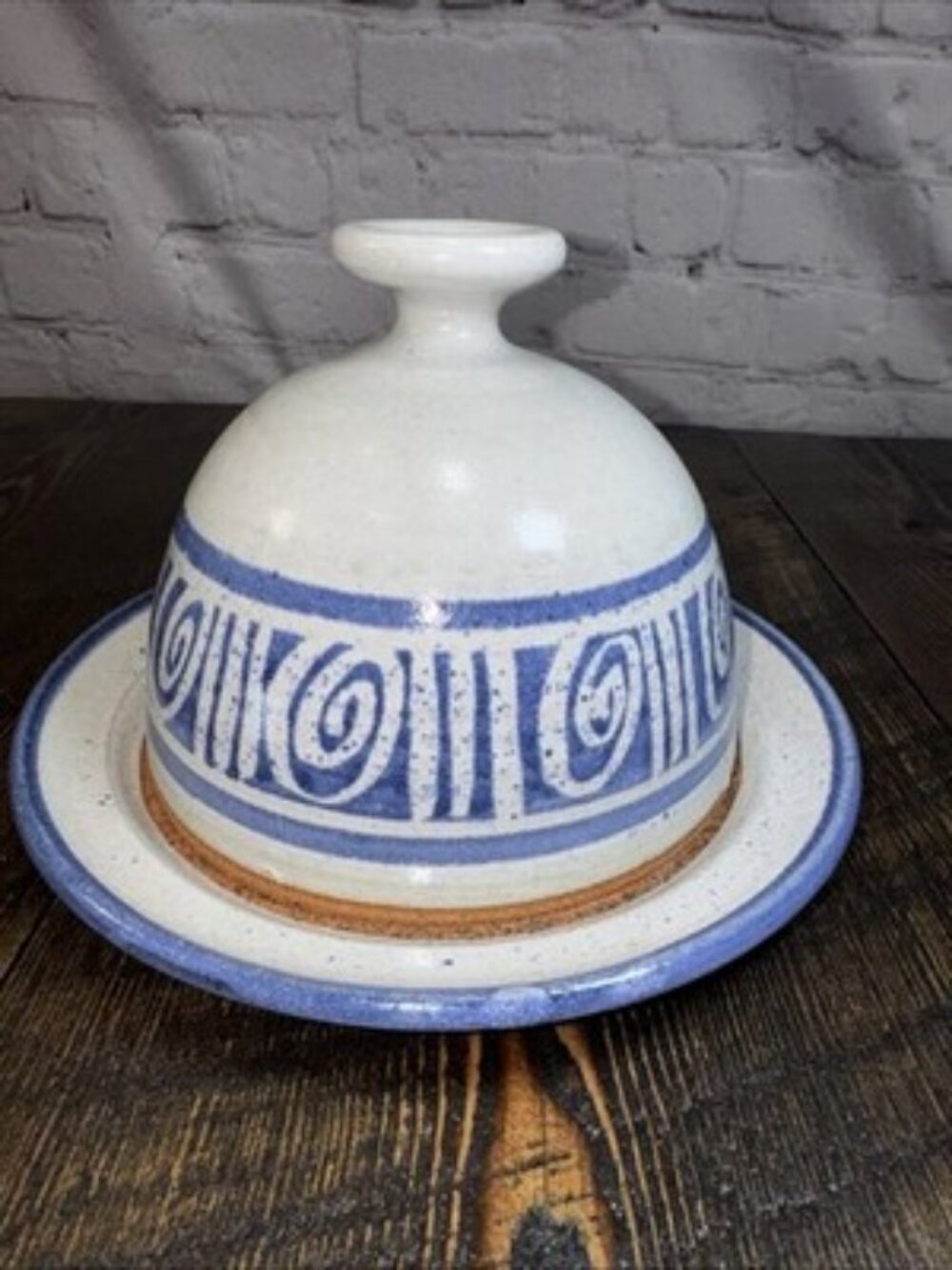 Butter Cheese Dish Pottery Glazed Stoneware Blue Gray with Dome Lid Cover